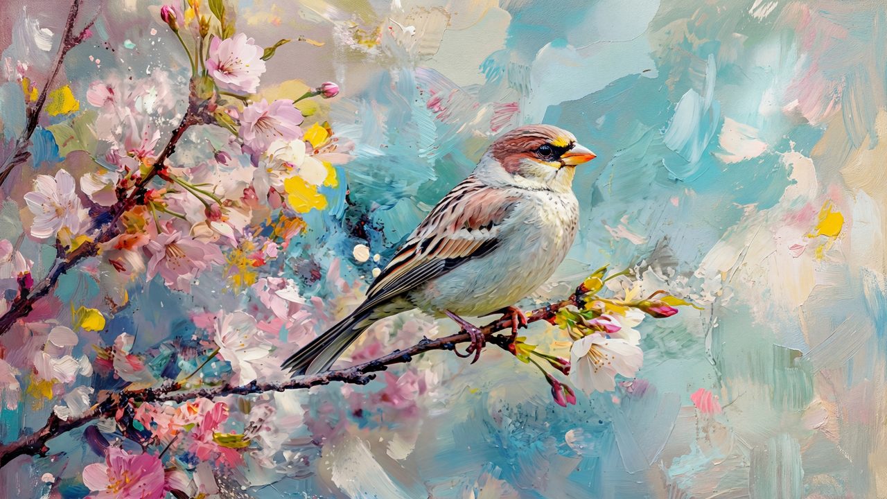 Spring Frame TV Art, Vintage Floral Landscape Oil Painting (Sparrow on Blossom Branch)