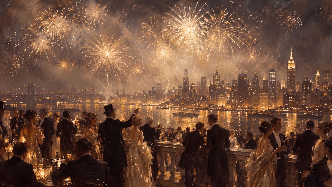 New Year Frame TV Art, Festive Celebration TV Background (Crowd Watching City Fireworks)