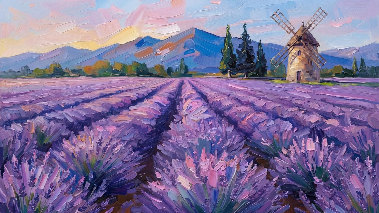 Spring Frame TV Art, Vintage Floral Landscape Oil Painting (Lavender Field with Windmill)