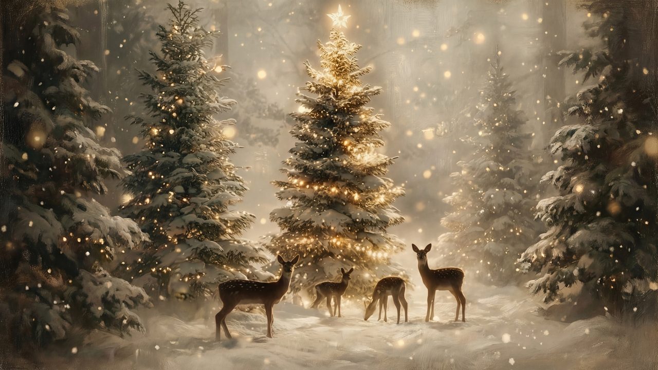 Samsung Frame TV Art Christmas Deer Forest • Magical Winter Wonderland • Glowing Christmas Tree Art • Cozy Holiday