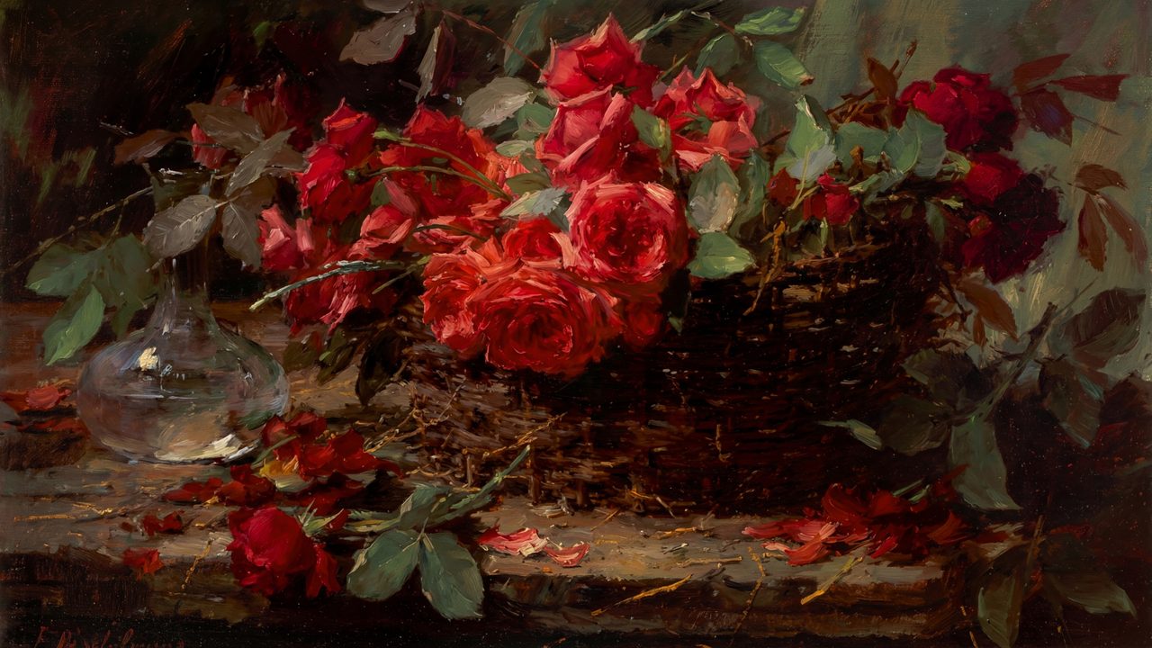 Valentine Frame TV Art, Romantic Vintage Oil Painting (Red Roses in Basket)