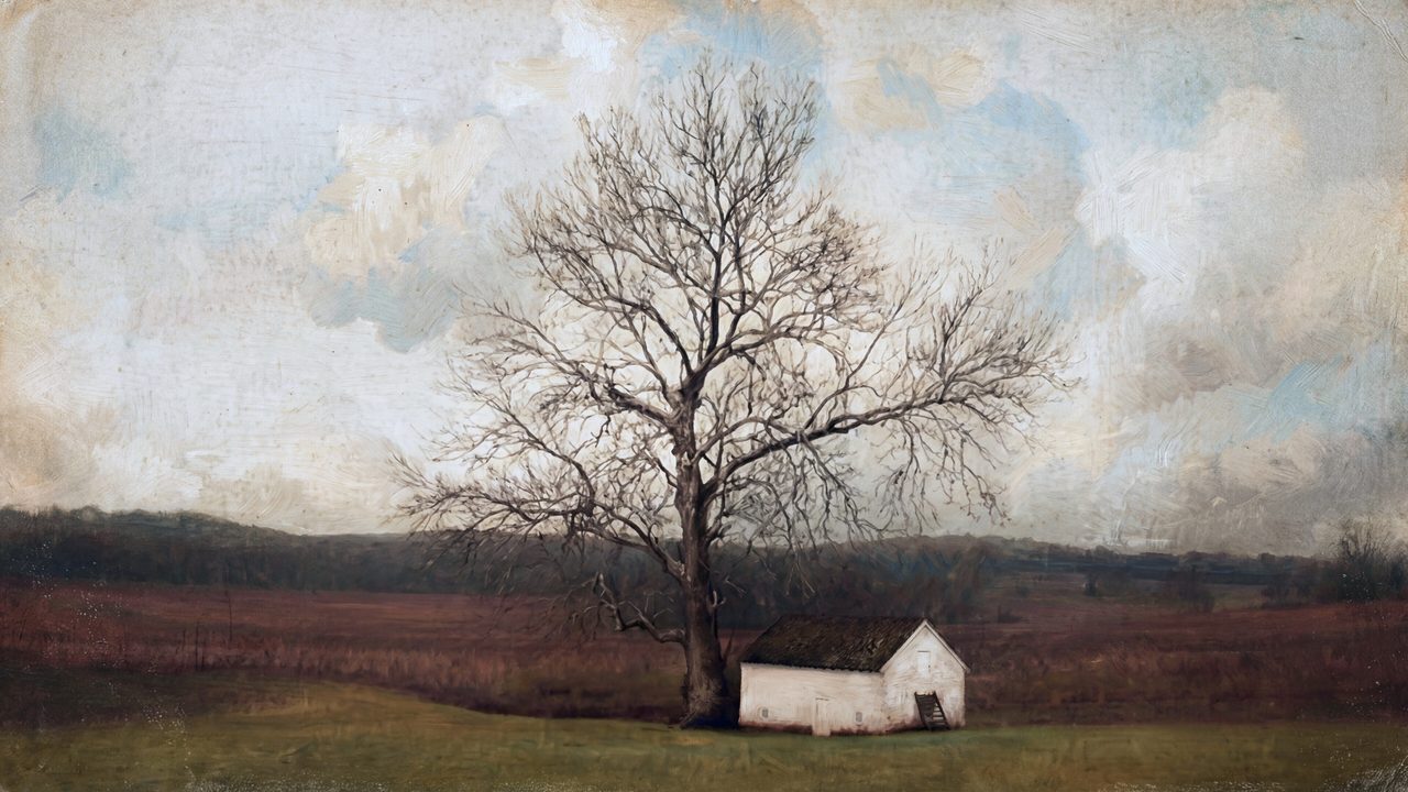 Vintage Frame TV Art, Antique Landscape Oil Painting (Bare Tree Over White Cottage)