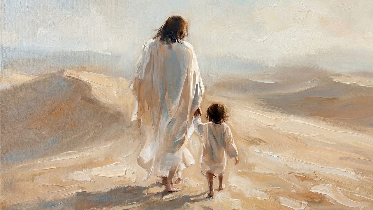 Jesus Walking with Child TV Art, Christ Leading Little One Christian Oil Painting, Divine Guidance Samsung Frame TV Art