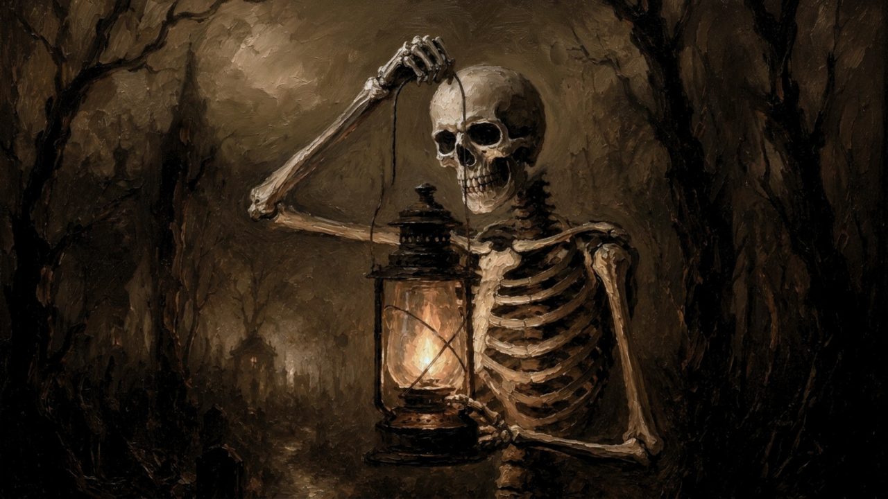 Fall Frame TV Art, Vintage Autumn Oil Painting (Skeleton Holding Lantern)