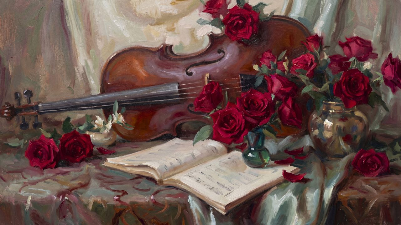 Valentine Frame TV Art, Romantic Vintage Oil Painting (Violin with Red Roses)