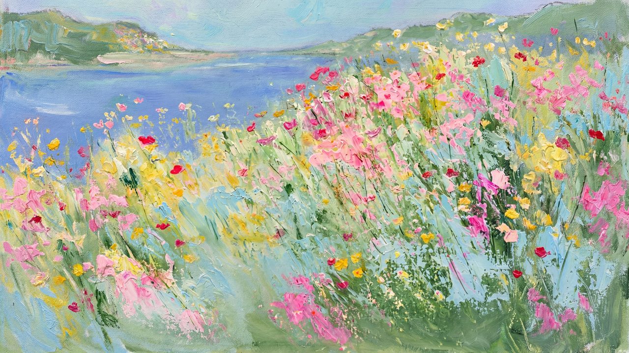 Spring Frame TV Art, Vintage Floral Landscape Oil Painting (Wildflowers by Lake)