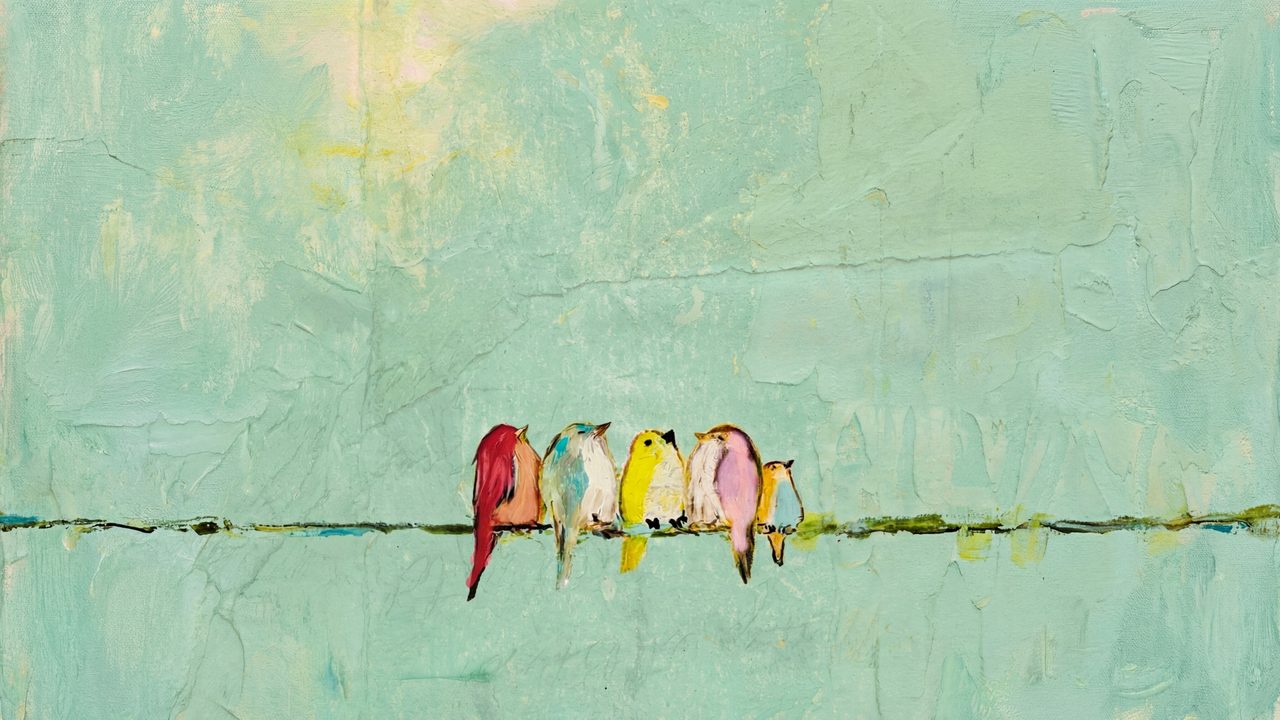 Spring Frame TV Art, Vintage Floral Landscape Oil Painting (Colorful Birds on Wire)