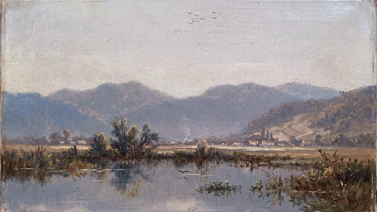 Vintage Frame TV Art, Antique Landscape Oil Painting (Mountain Lake Reflections)