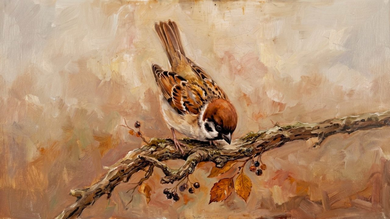 Fall Frame TV Art, Vintage Autumn Oil Painting (Sparrow on Branch)