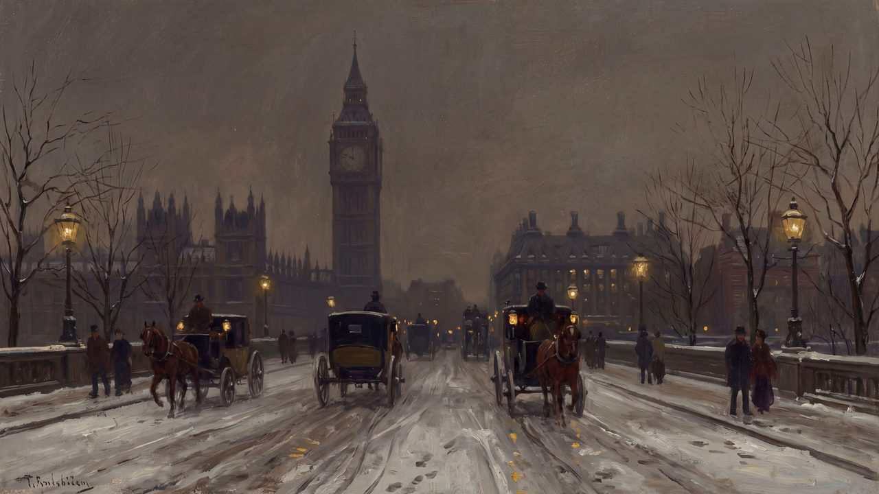 Christmas Frame TV Art, Vintage Holiday Oil Painting (Carriages near Big Ben at Dusk)