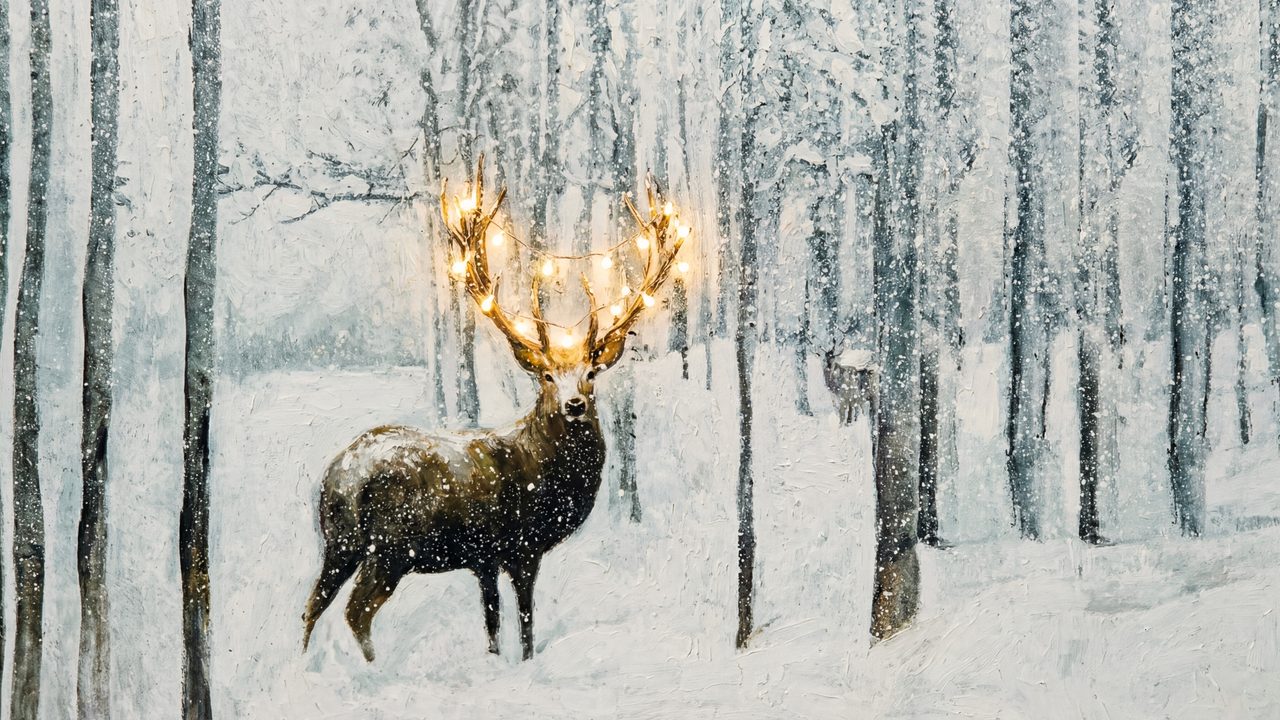 Christmas Frame TV Art, Vintage Holiday Oil Painting (Glowing Stag in Birch Woods)