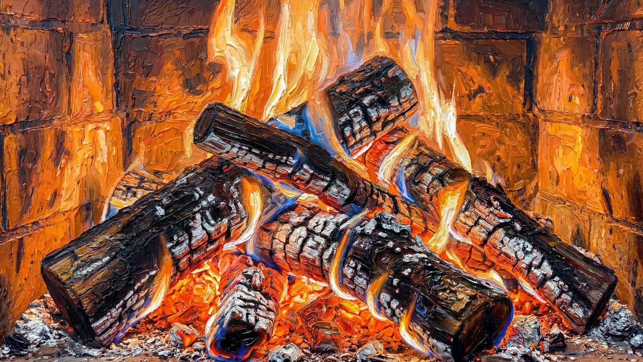Samsung Frame TV Art • Cozy Fireplace Wall Art • Warm Winter Hearth • Rustic Cabin Fireplace Painting • Hygge Home Decor