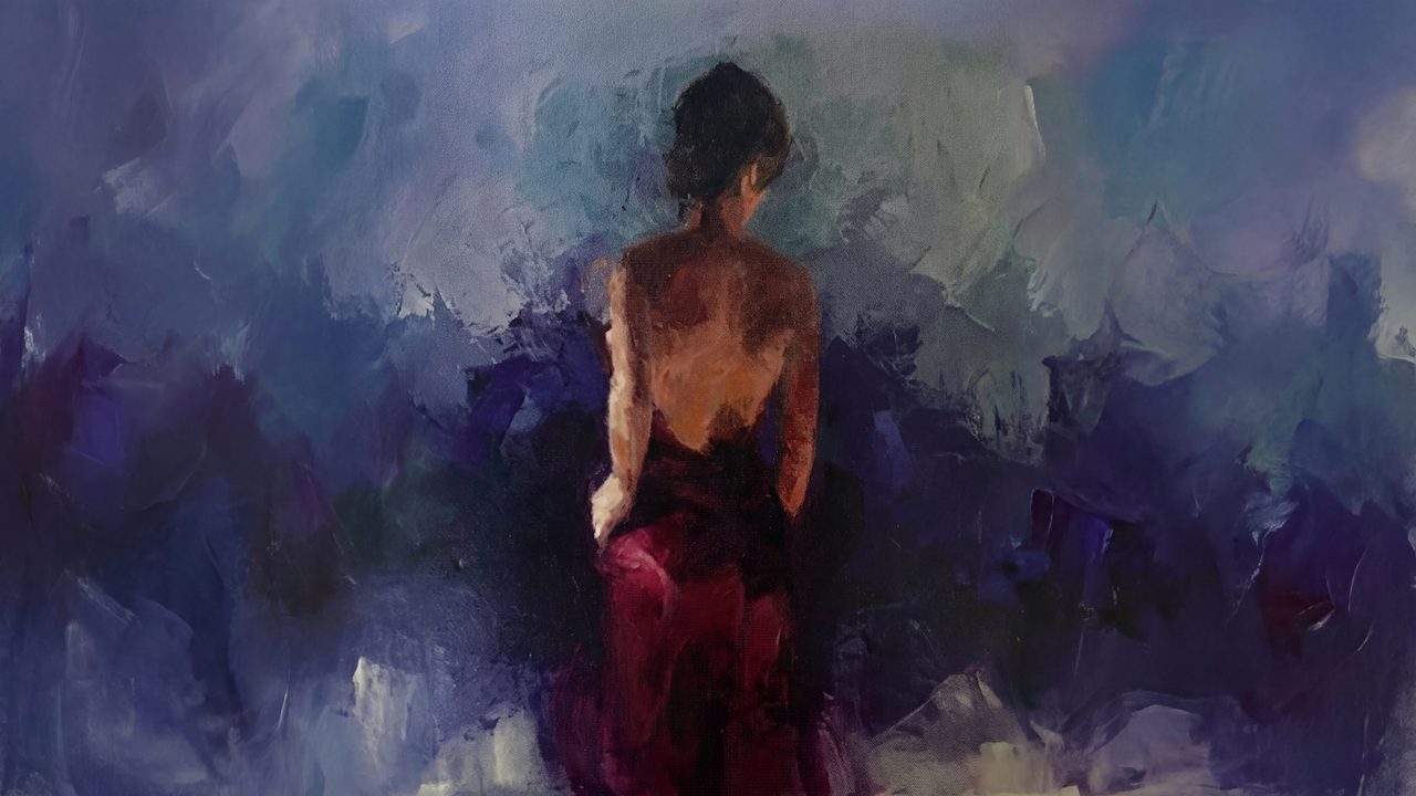 Valentine Frame TV Art, Romantic Vintage Oil Painting (Woman in Red Dress from Behind)
