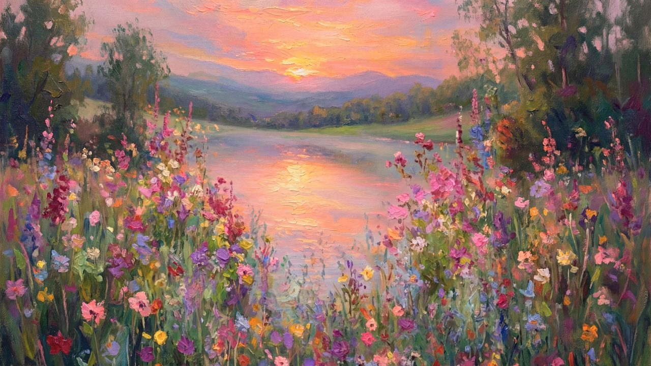 Spring Lake Sunset Samsung Frame TV Art, Wildflower Meadow Oil Painting, Nature Landscape TV Decor, 4K Digital Download