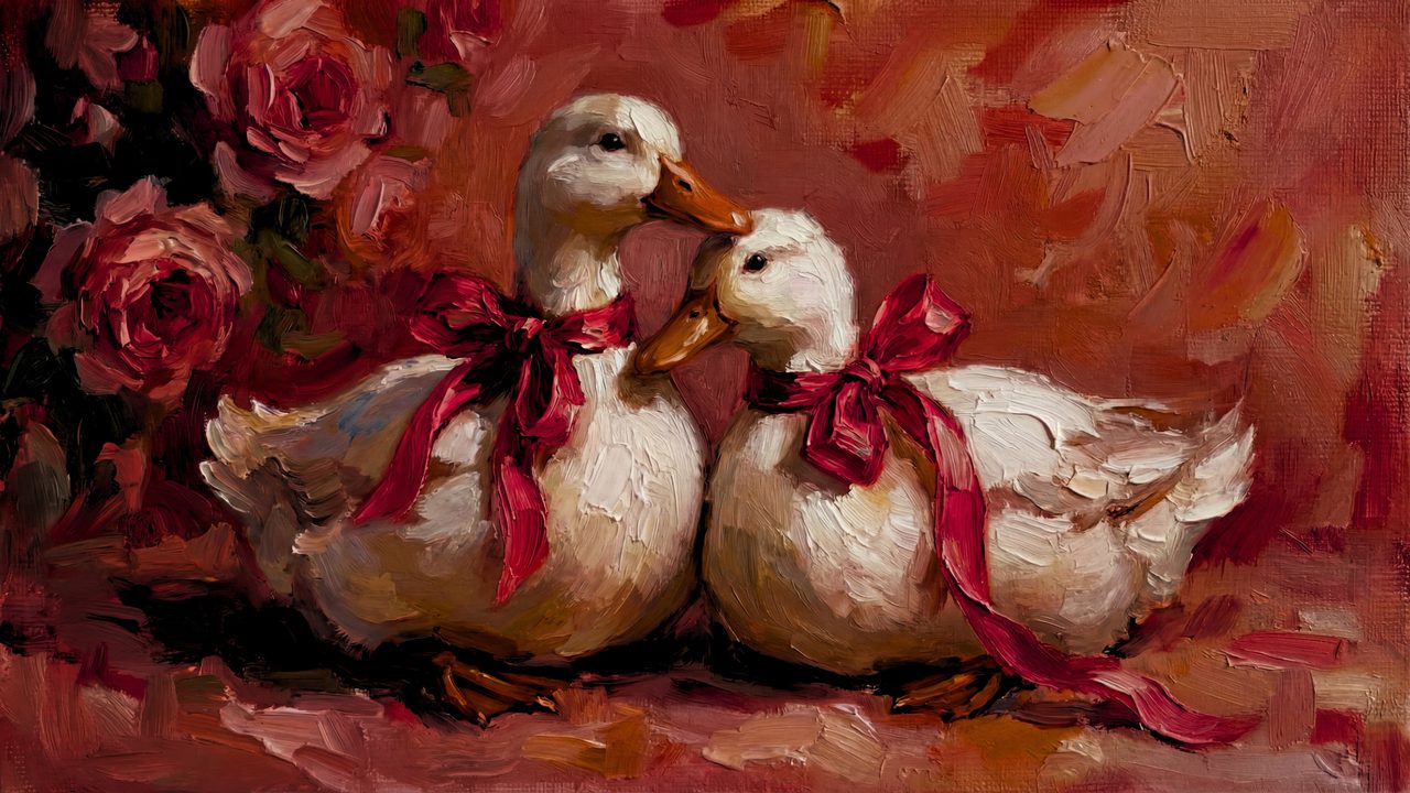 Romantic Love Ducks Samsung Frame TV Art, Vintage Oil Painting, Red Ribbons and Roses, Valentine's Day Decor