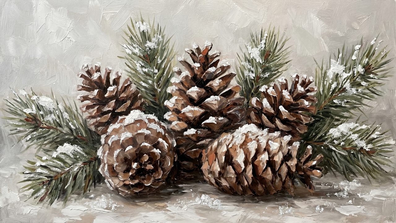 Christmas Frame TV Art, Vintage Holiday Oil Painting (Snowy Pine Cones 2)