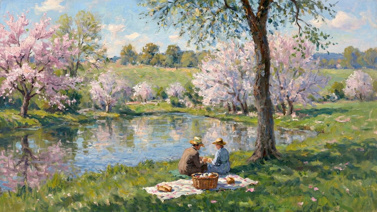 Spring Frame TV Art, Vintage Floral Landscape Oil Painting (Picnic by Blossom Pond)