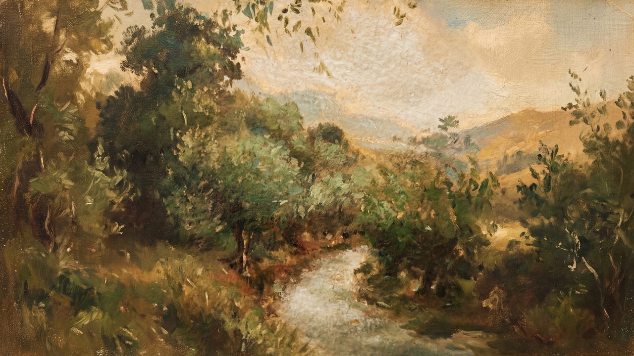Rustic Frame TV Art, Farmhouse Country Oil Painting (Stream Through Green Valley)