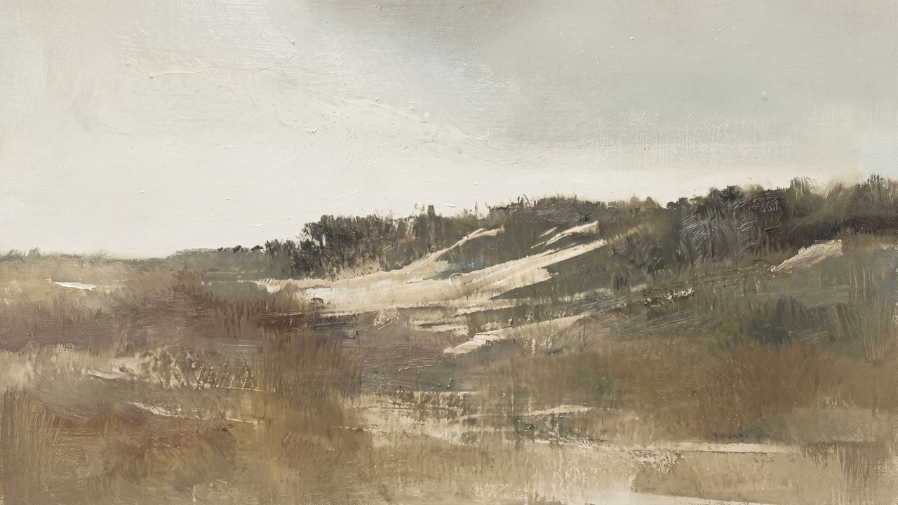 Vintage Frame TV Art, Antique Landscape Oil Painting (Grassy Coastal Dunes)