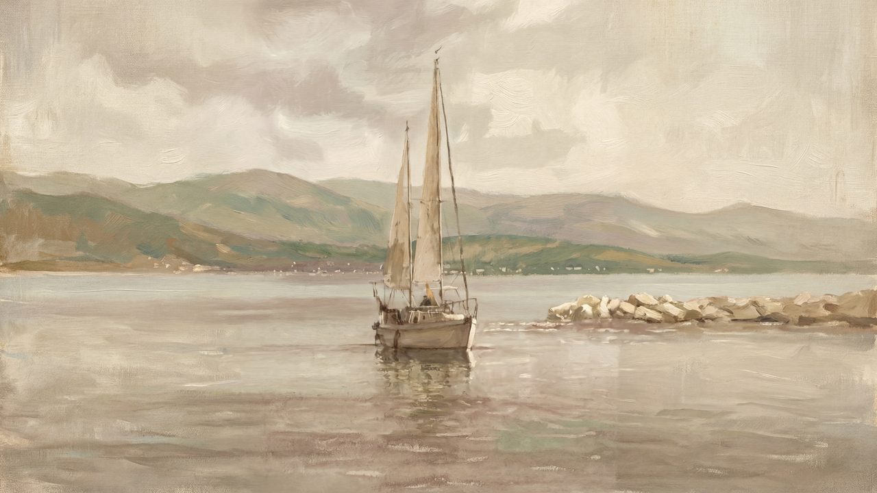 Vintage Frame TV Art, Antique Landscape Oil Painting (Sailboat on Calm Bay)