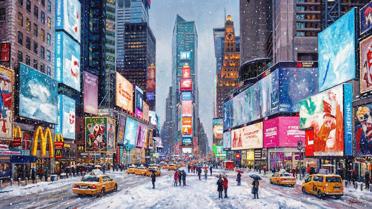 Samsung Frame TV Art Christmas – New York Times Square Winter Cityscape, NYC Snow Night, Holiday Urban Painting