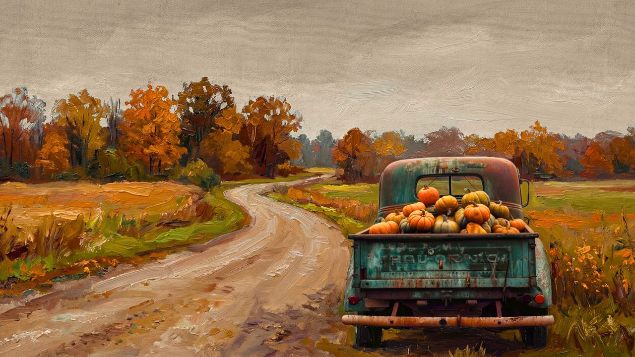 Fall Frame TV Art, Vintage Autumn Oil Painting (Old Truck with Pumpkins)