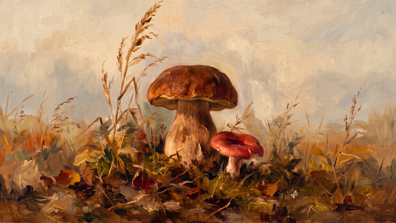Fall Frame TV Art, Vintage Autumn Oil Painting (Mushrooms in Autumn Grass)
