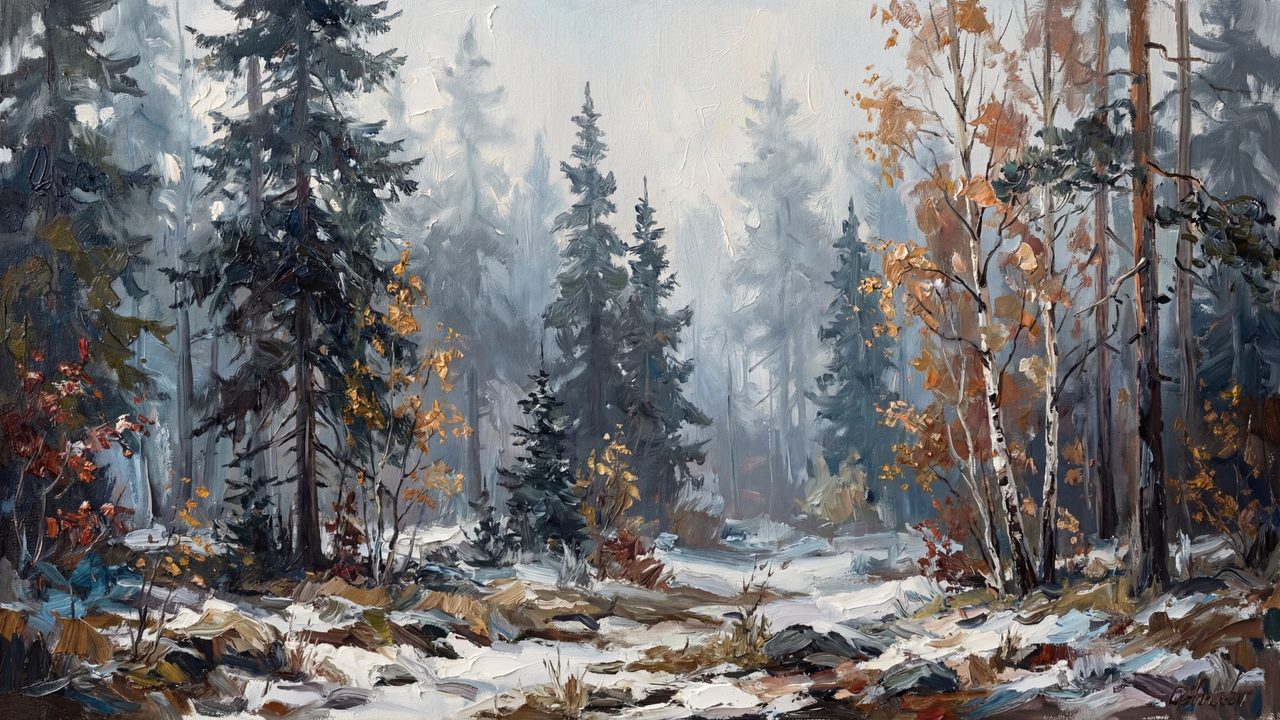 Christmas Frame TV Art, Vintage Holiday Oil Painting (Snowy Forest Clearing)