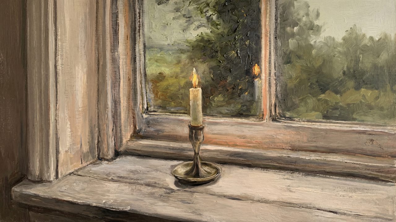 Vintage Frame TV Art, Antique Landscape Oil Painting (Candle on Window Sill)