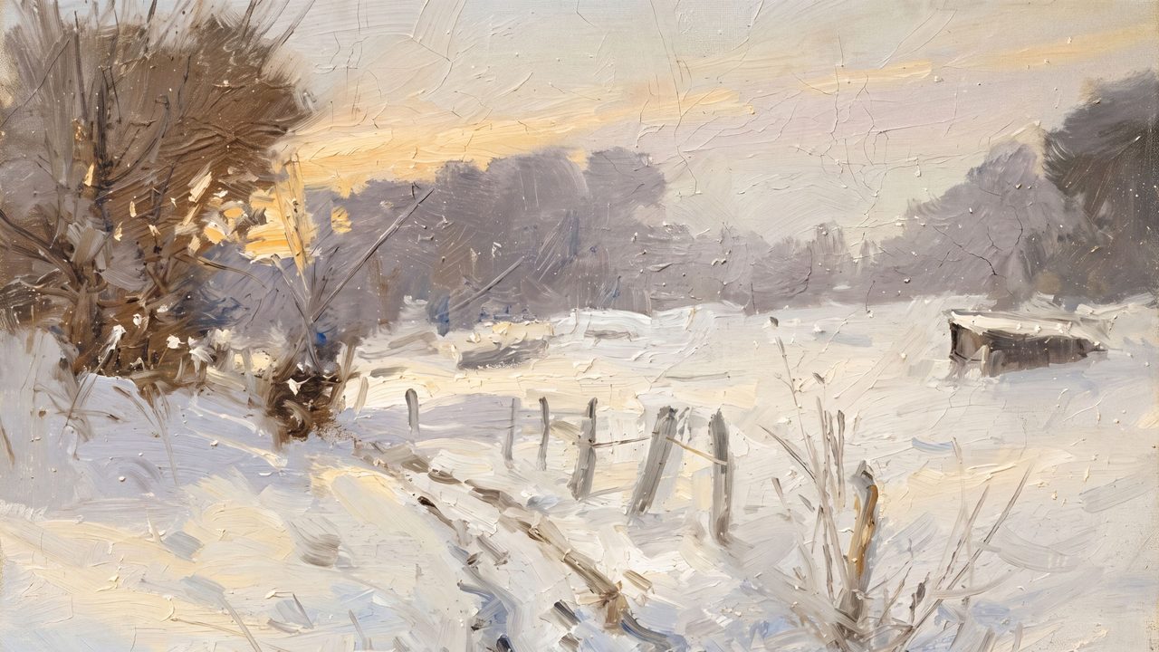Christmas Frame TV Art, Vintage Holiday Oil Painting (Snowy Field at Sunset)