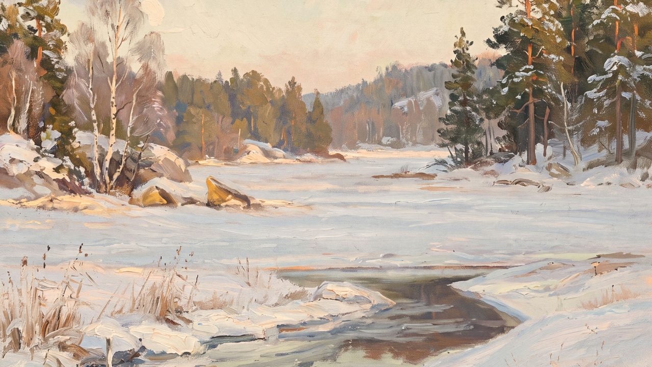 Christmas Frame TV Art, Vintage Holiday Oil Painting (Winding Winter River)