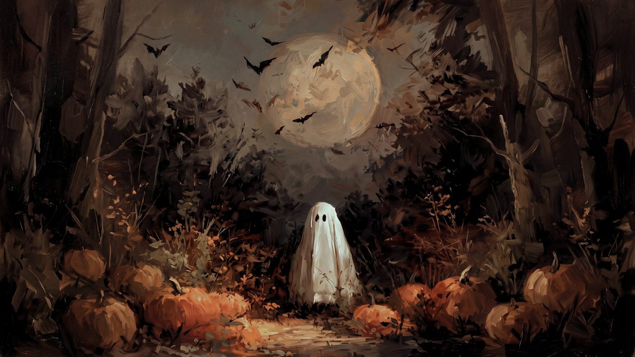 Fall Frame TV Art, Vintage Autumn Oil Painting (Ghost in Moonlit Forest)