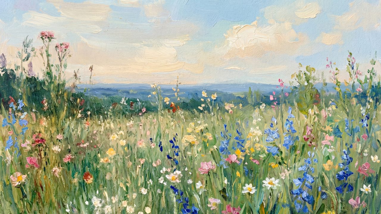 Spring Frame TV Art, Vintage Floral Landscape Oil Painting (Summer Wildflower Meadow)