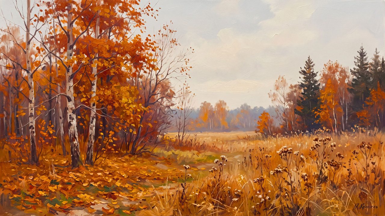 Fall Frame TV Art, Vintage Autumn Oil Painting (Birch Trees in Autumn Meadow)