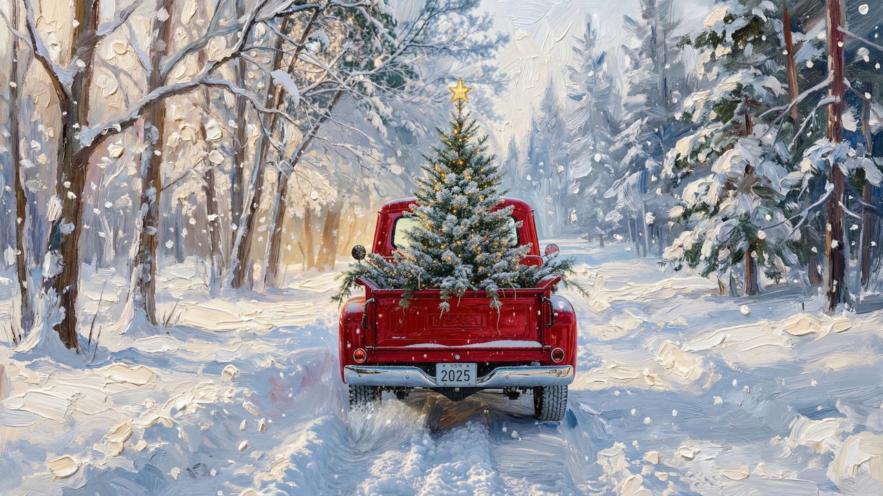 Christmas Frame TV Art, Vintage Holiday Oil Painting (Red Truck with Christmas Tree)