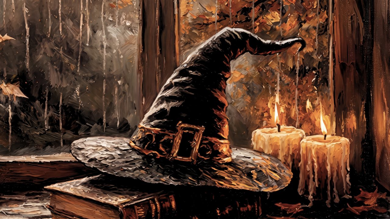 Fall Frame TV Art, Vintage Autumn Oil Painting (Witch Hat with Candles)