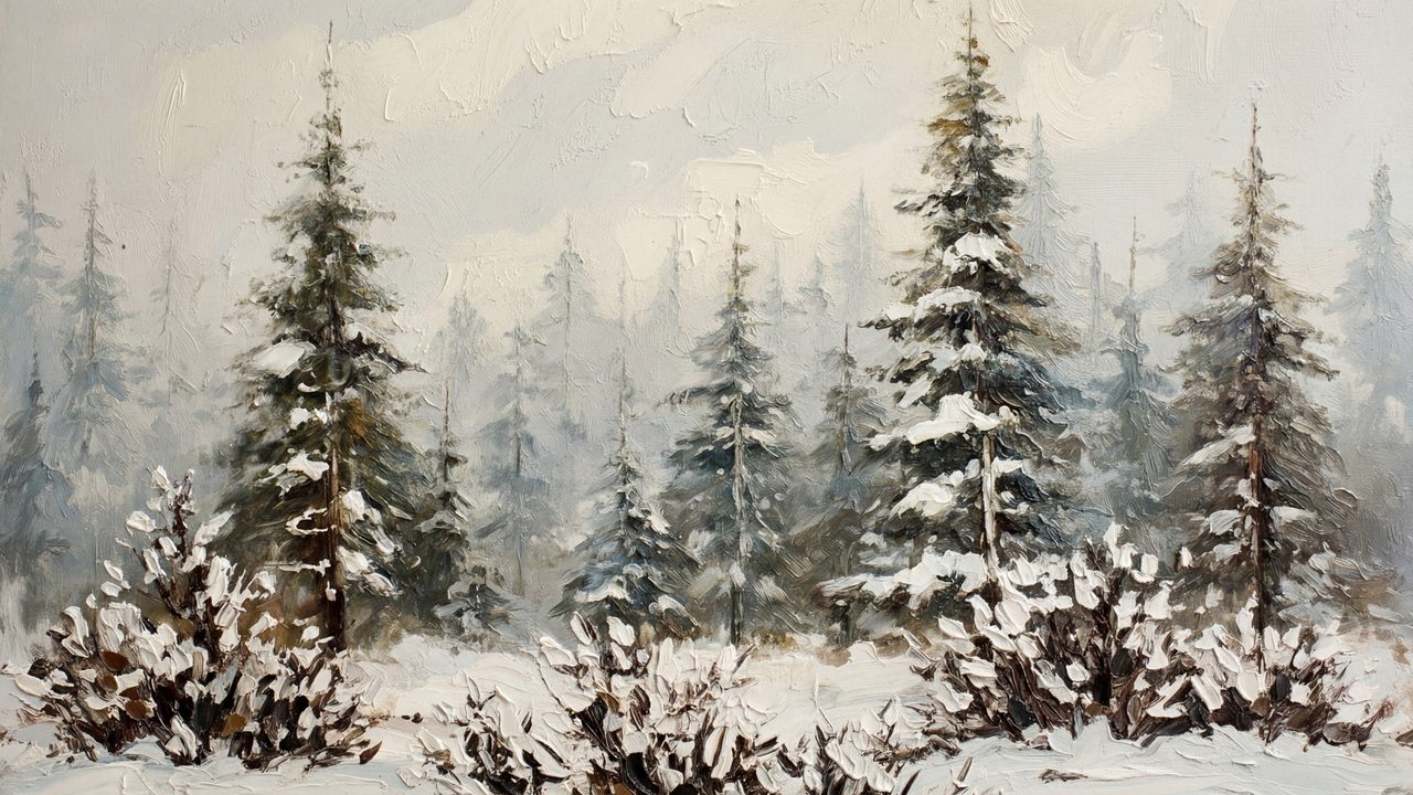 Christmas Frame TV Art, Vintage Holiday Oil Painting (Snowy Pine Forest)