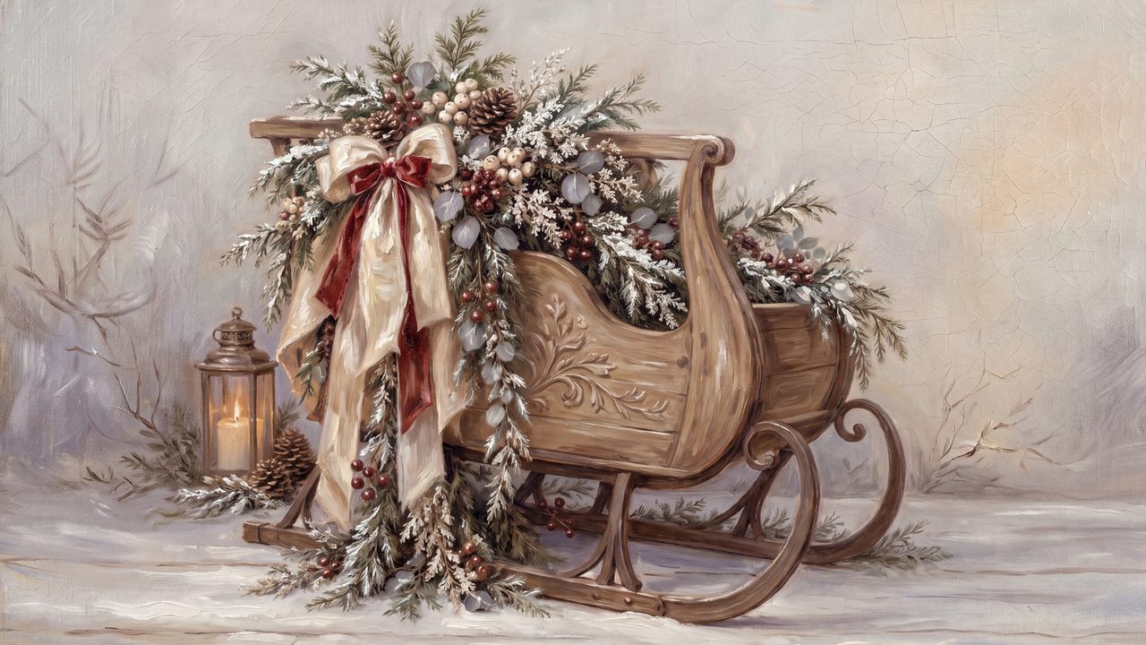 Christmas Frame TV Art, Vintage Holiday Oil Painting (Decorated Sleigh with Lantern)