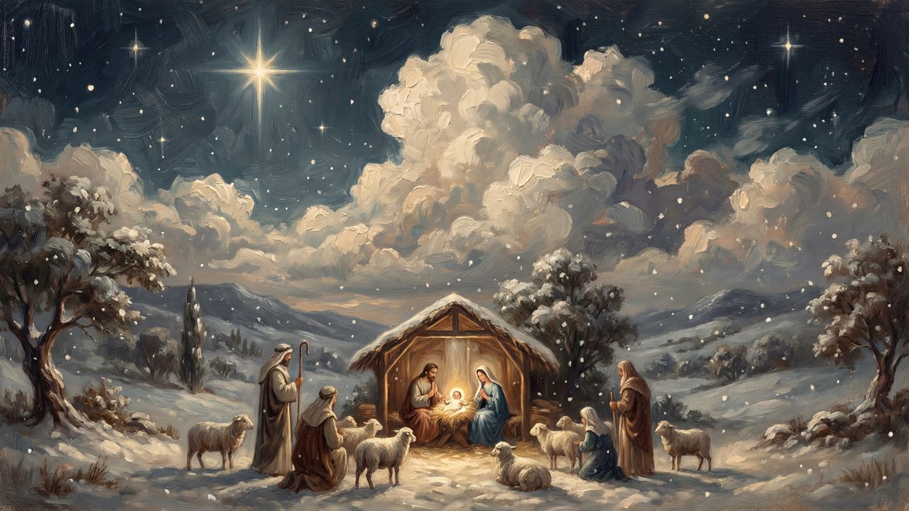Christmas Frame TV Art, Vintage Holiday Oil Painting (Nativity Under Starry Sky)
