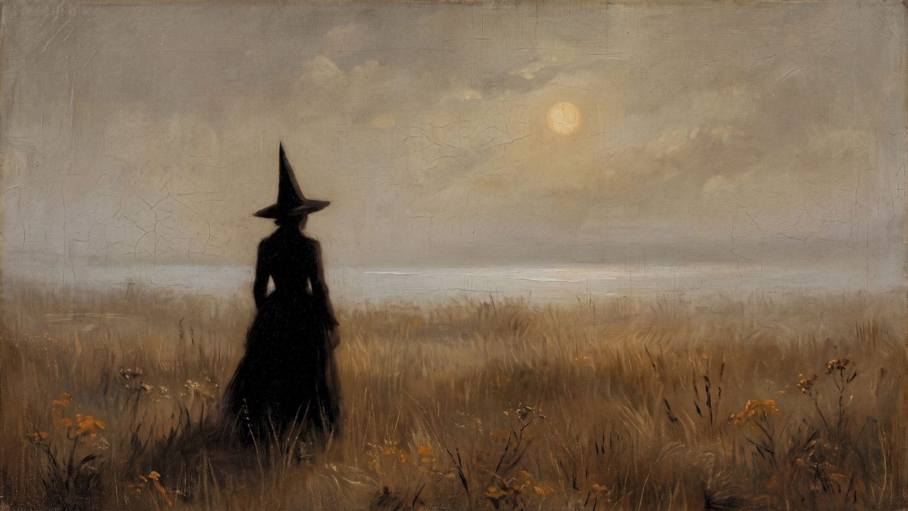Halloween Frame TV Art, Vintage Moody Oil Painting (Witch in Autumn Field)
