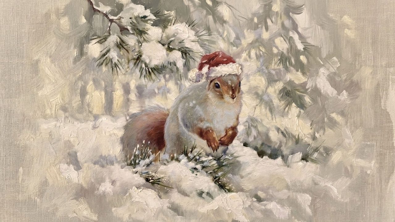 Christmas Frame TV Art, Vintage Holiday Oil Painting (Squirrel in Santa Hat 2)