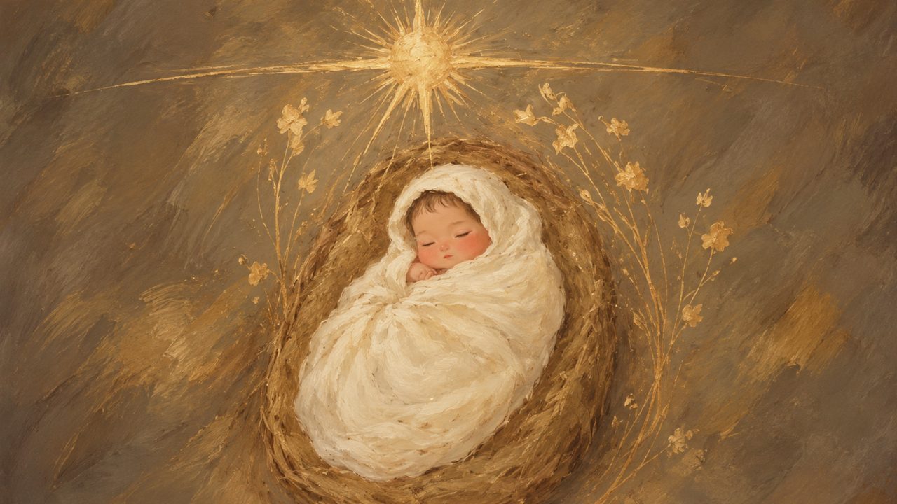 Christian Frame TV Art, Jesus Religious Oil Painting (Baby Jesus in Golden Nest)