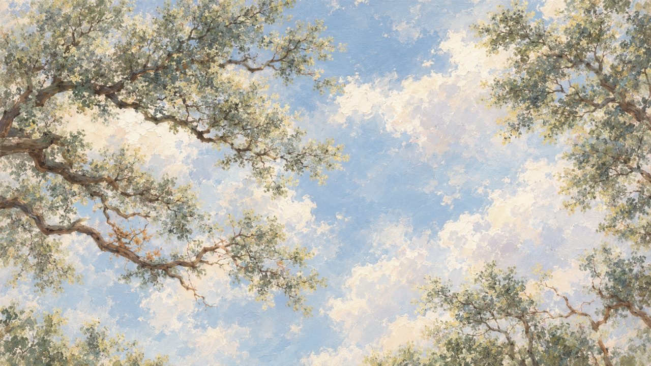 Summer Frame TV Art, Coastal Beach Oil Painting (Oak Branches and Blue Sky)