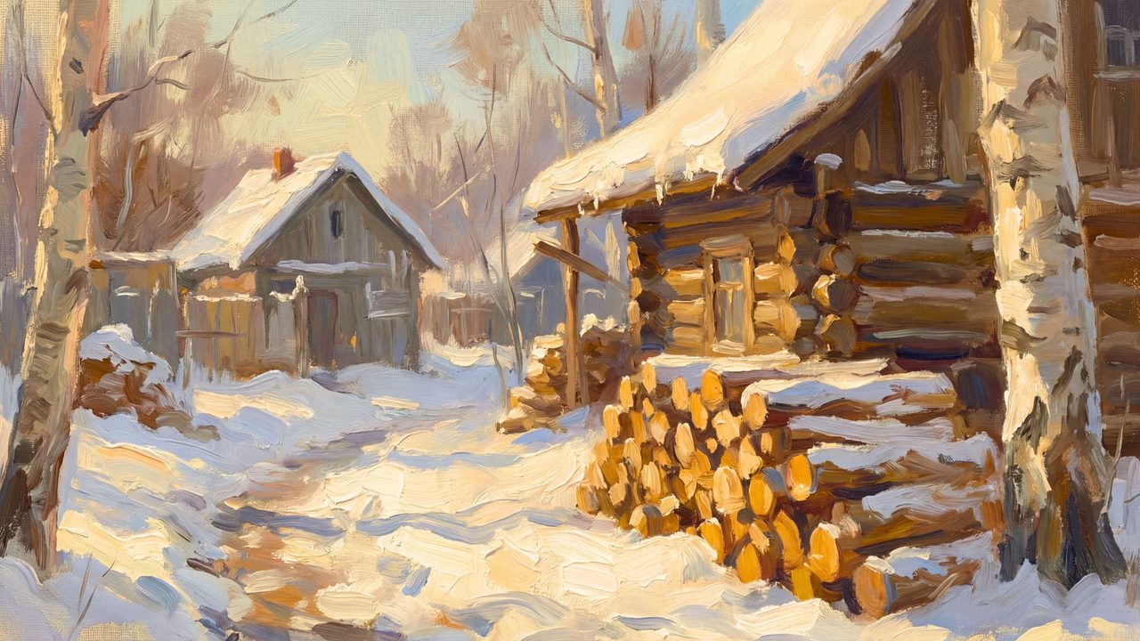 Christmas Frame TV Art, Vintage Holiday Oil Painting (Log Cabin with Firewood Stack)