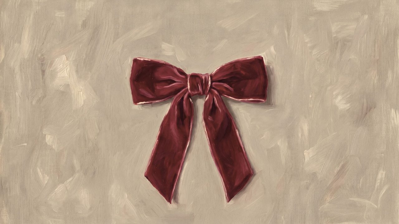 Christmas Frame TV Art, Vintage Holiday Oil Painting (Burgundy Velvet Bow)