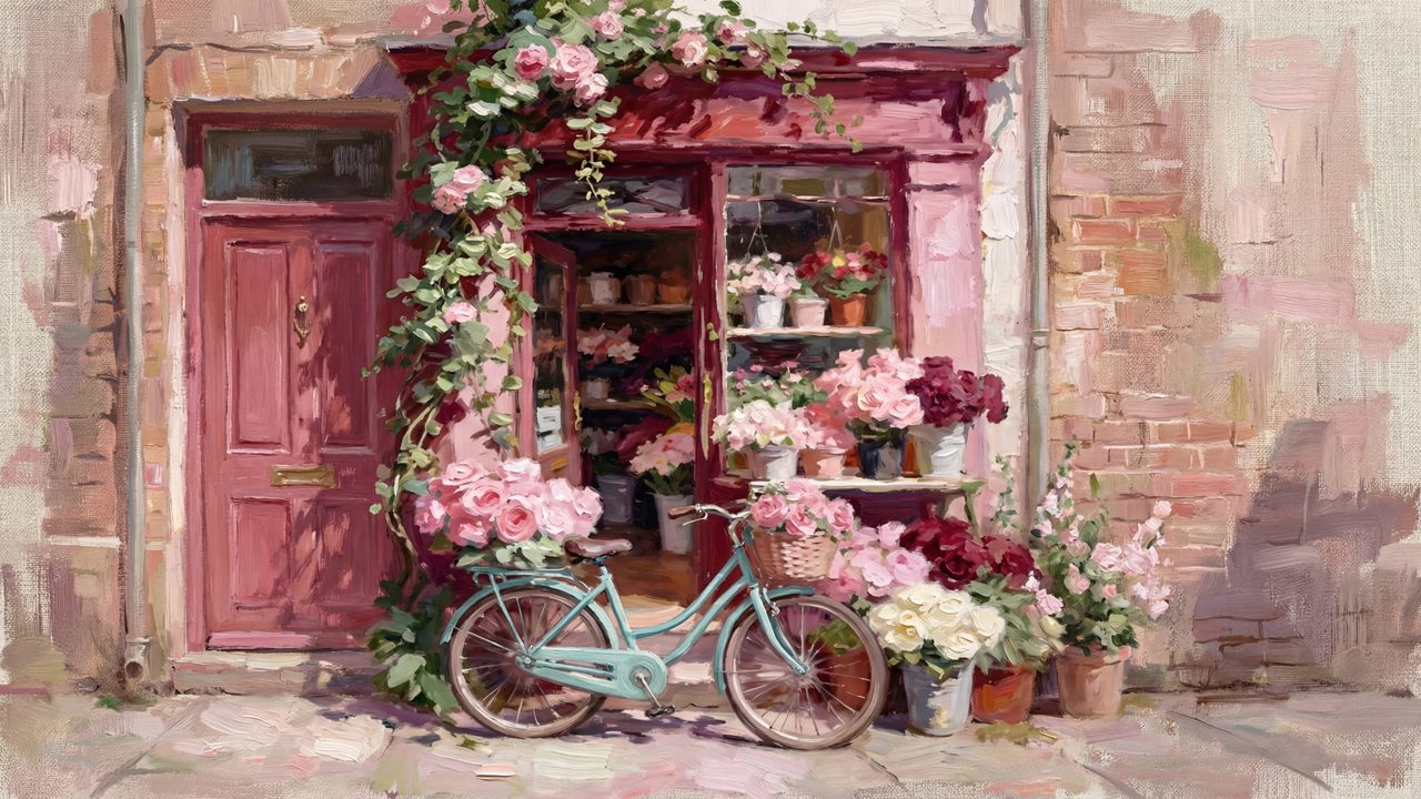 Valentine Frame TV Art, Romantic Vintage Oil Painting (Flower Shop with Bicycle)