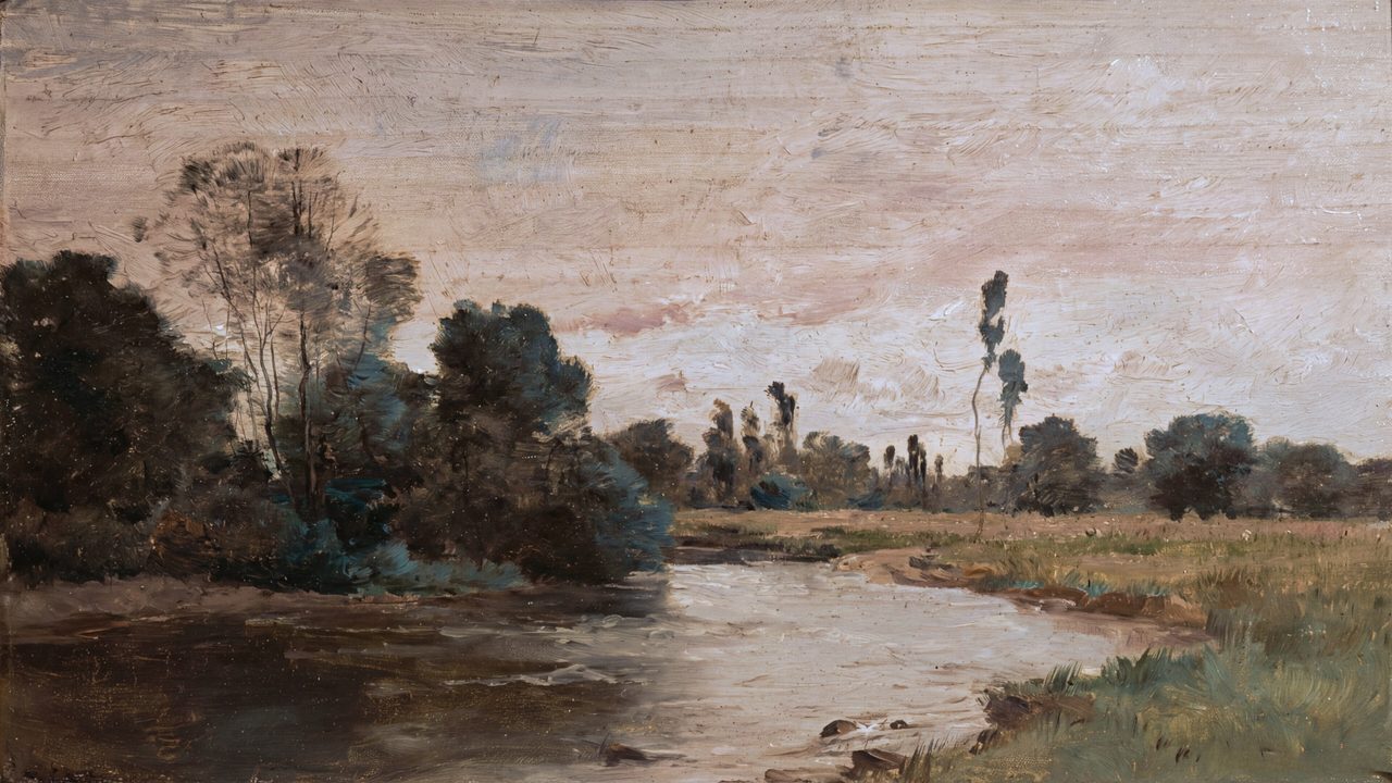 Vintage Frame TV Art, Antique Landscape Oil Painting (River Bend at Dusk)
