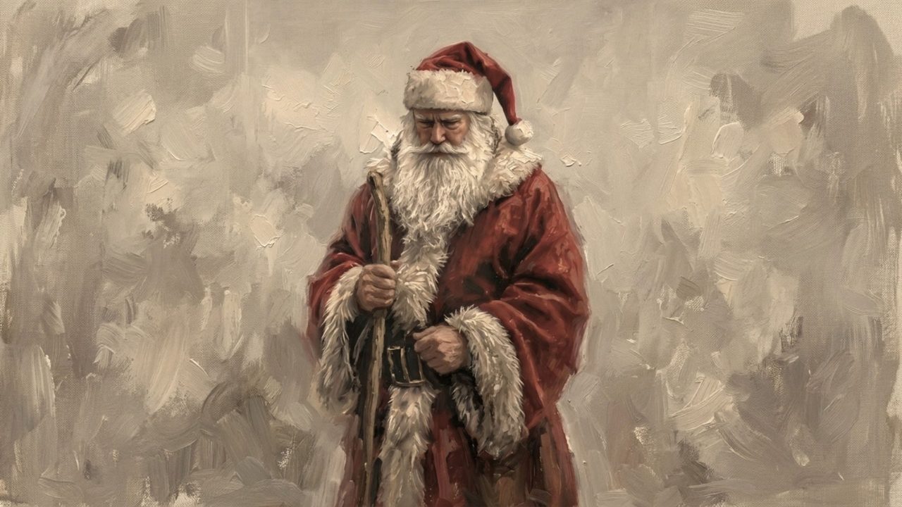 Christmas Frame TV Art, Vintage Holiday Oil Painting (Santa in Burgundy Robe)