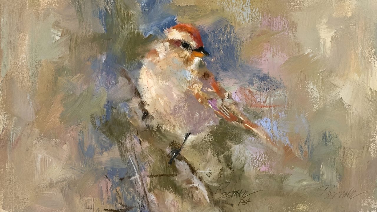 Vintage Frame TV Art, Antique Landscape Oil Painting (Sparrow on Branch)