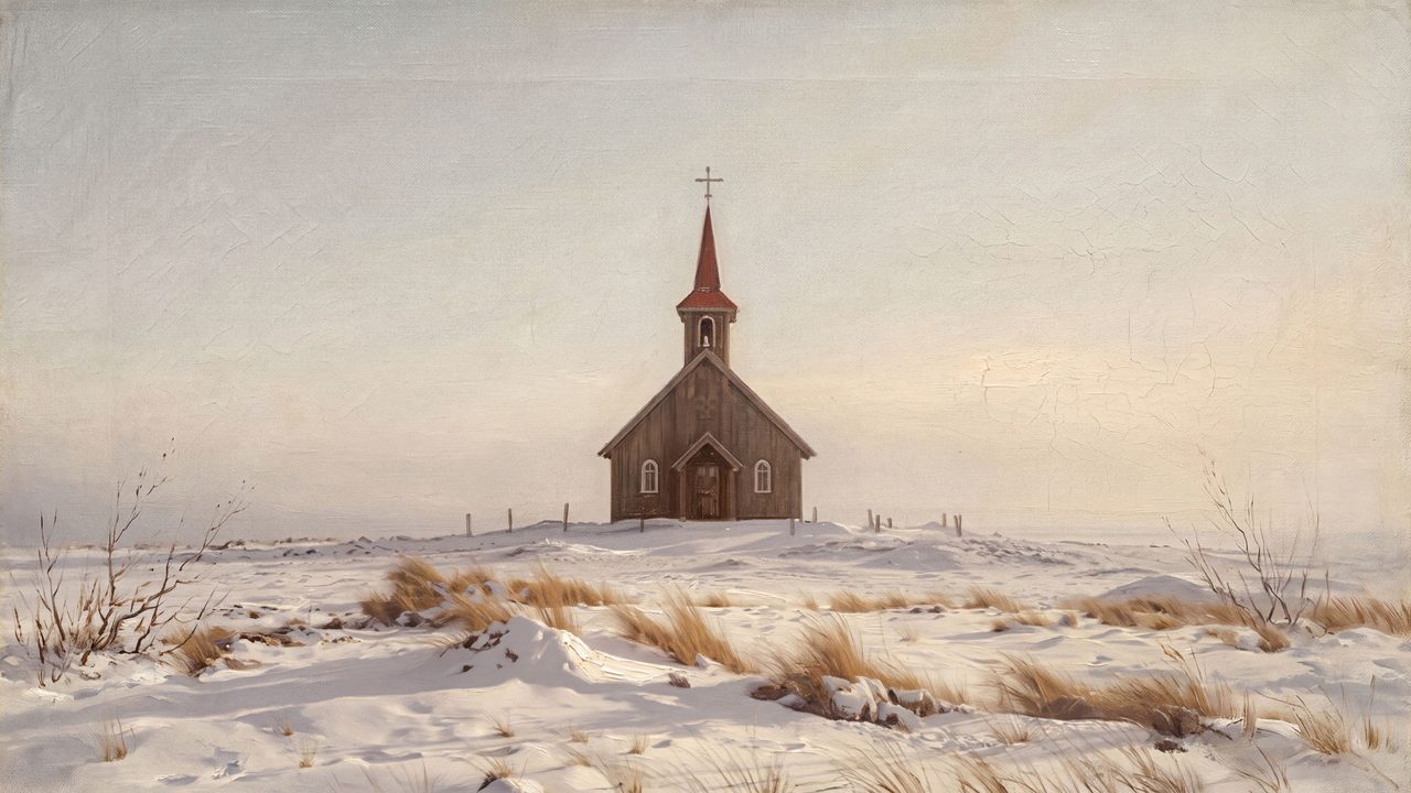 Christmas Frame TV Art, Vintage Holiday Oil Painting (Lone Chapel on Snowy Plain)